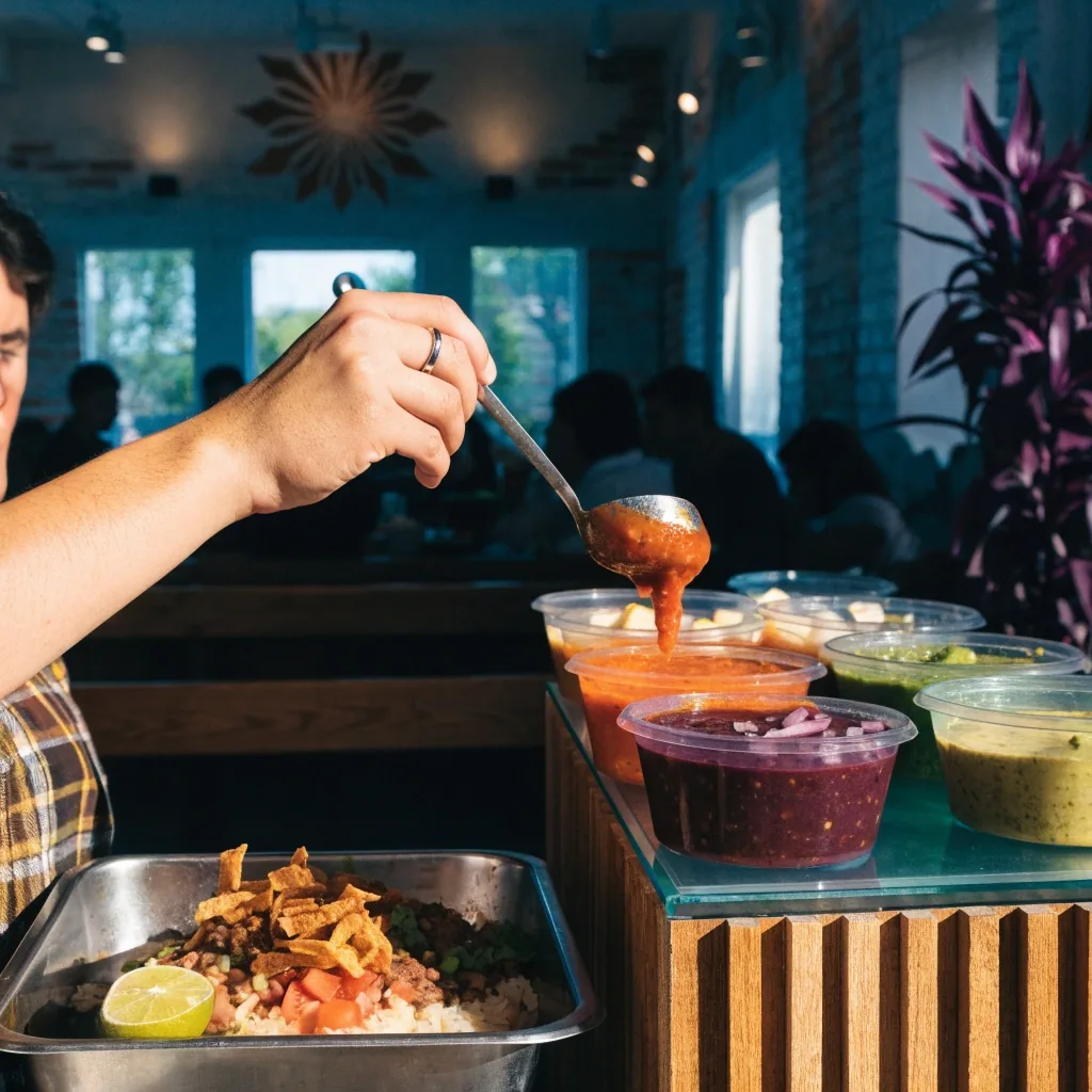 Burrito bowl being assembled at the counter with rice, chicken and fresh salsa