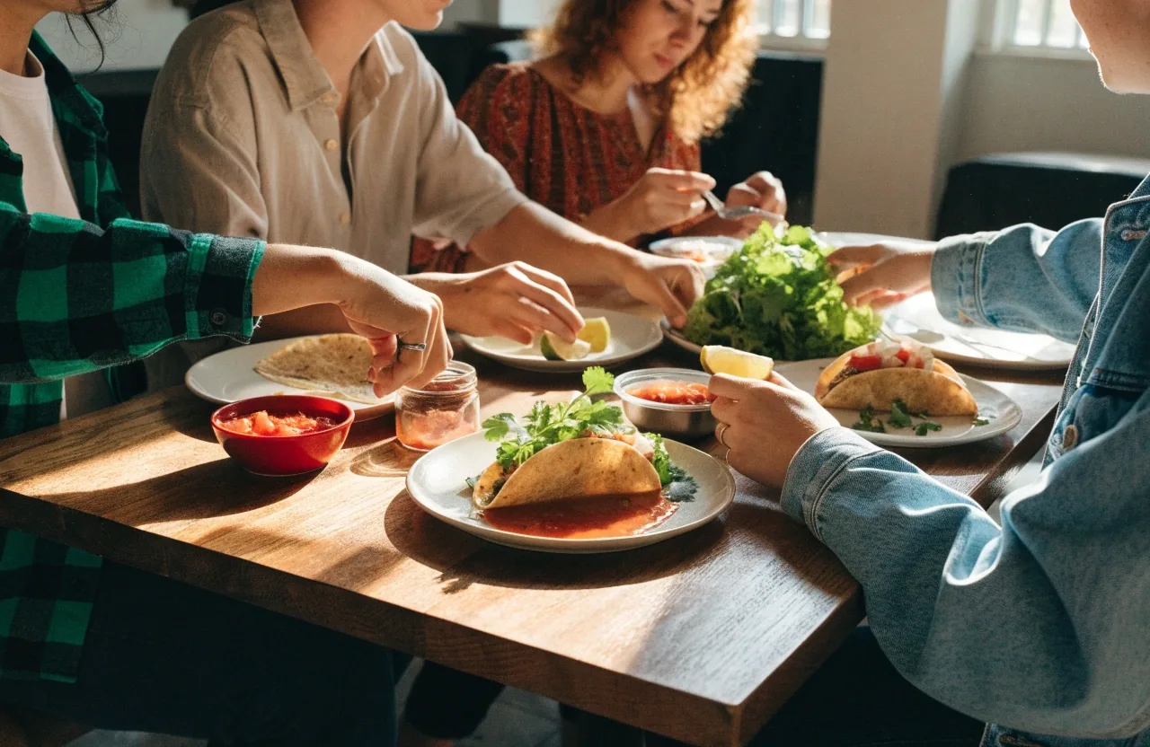 Group sharing tacos and salads around a restaurant table