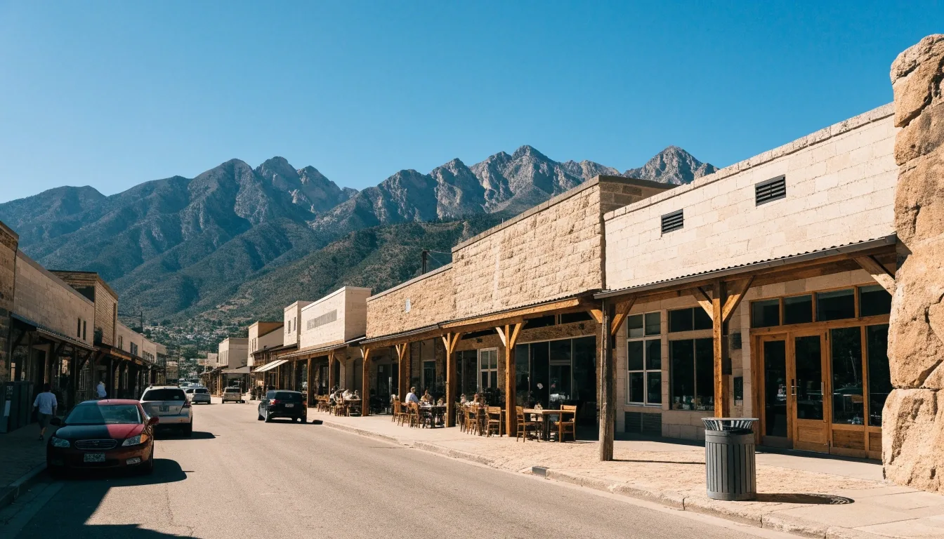 Mountain West town street with low storefronts and distant peaks
