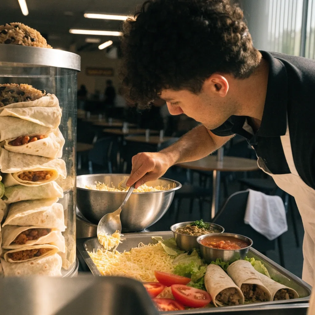 Burrito bar trays with rice beans proteins and toppings