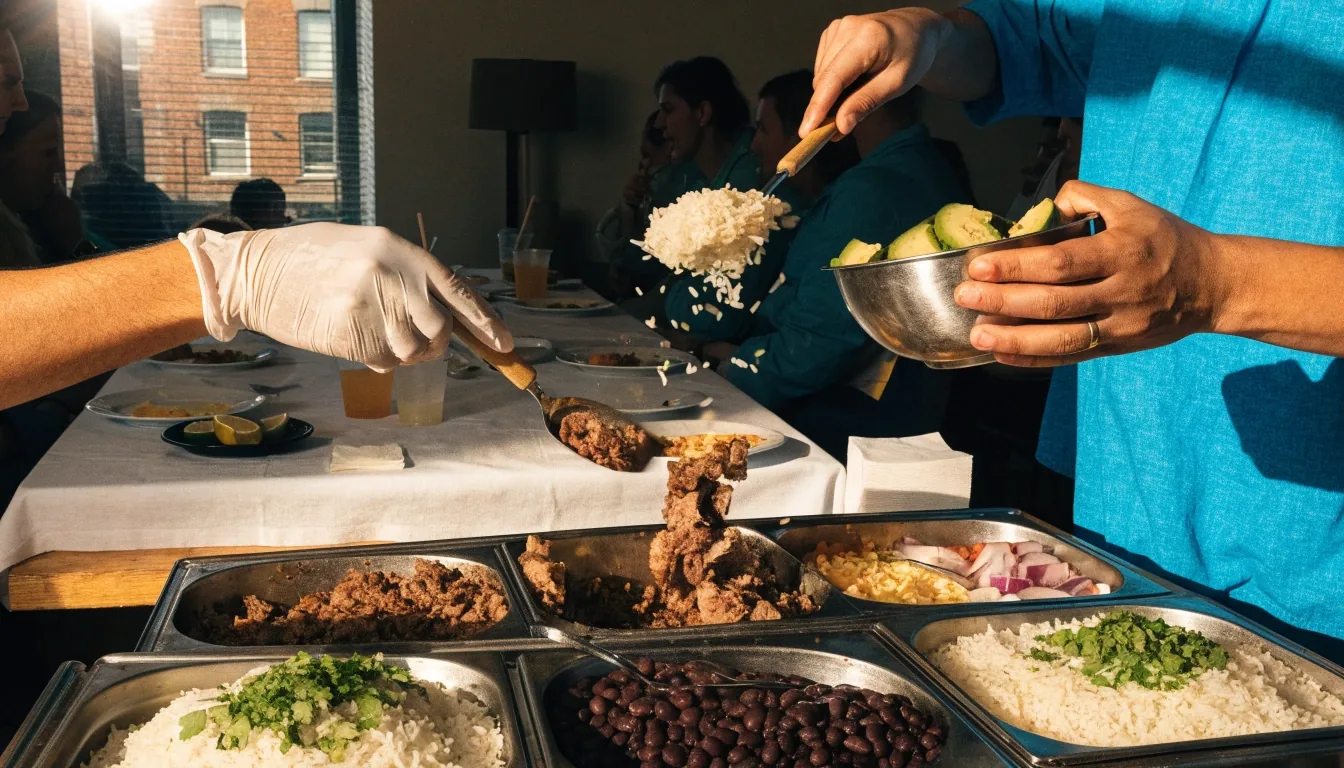 Costa Vida burrito bar catering spread with proteins and toppings
