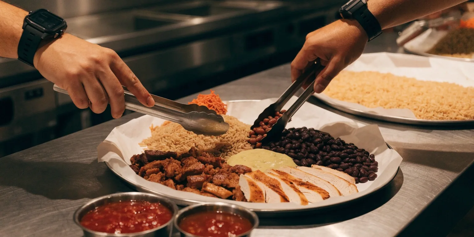 Hands rolling a burrito over catering ingredients