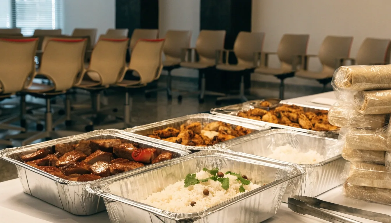 Catering table with burritos and serving trays