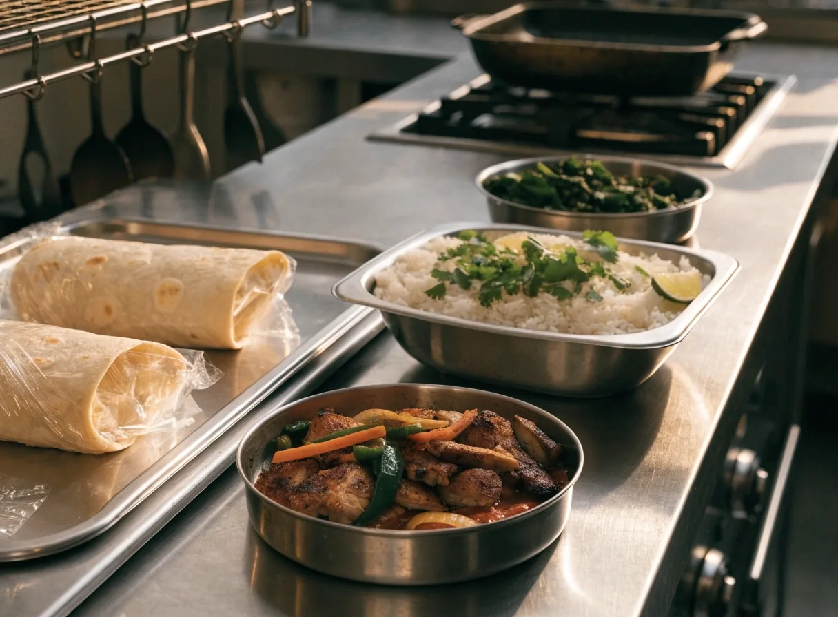 Fresh burritos and bowls prepared on a restaurant kitchen line