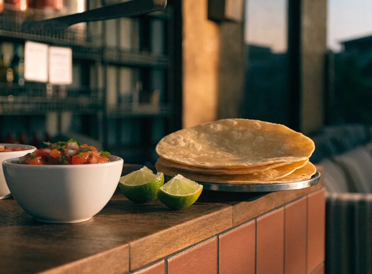Fresh salsas and tortillas at a Mexican grill counter