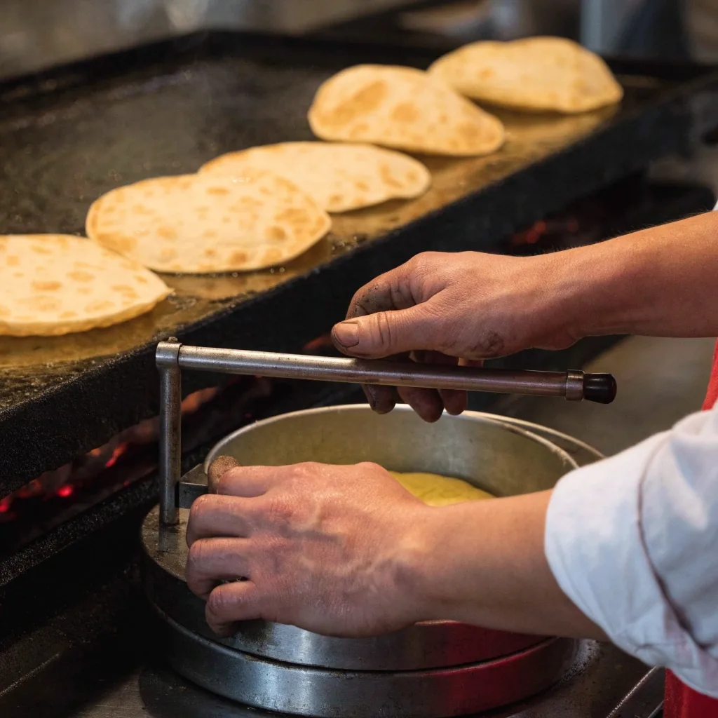 Dough pressed into tortillas beside the griddle