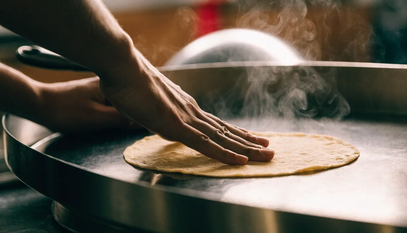 Fresh tortillas pressed on a hot griddle in a Costa Vida kitchen