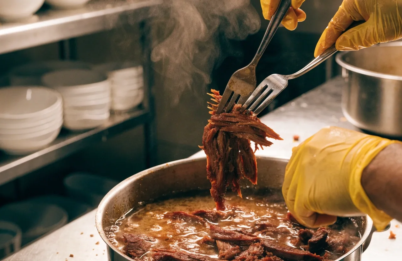 Slow-cooked shredded pork held for service