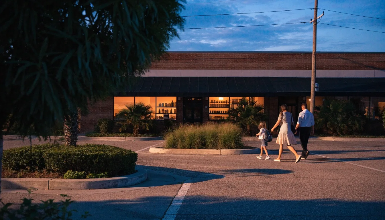 Costa Vida restaurant exterior in the evening with guests arriving