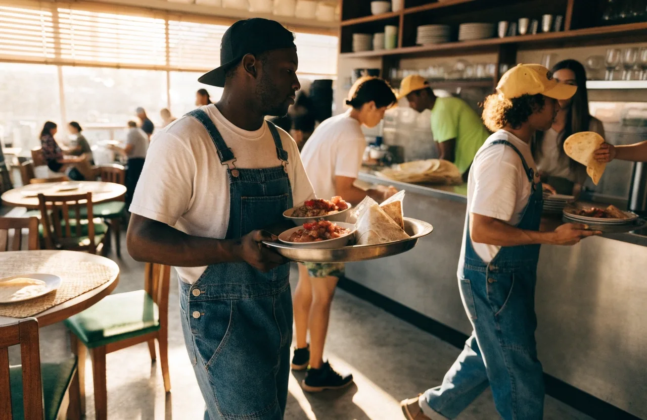 Guests with trays finding tables during lunch hour