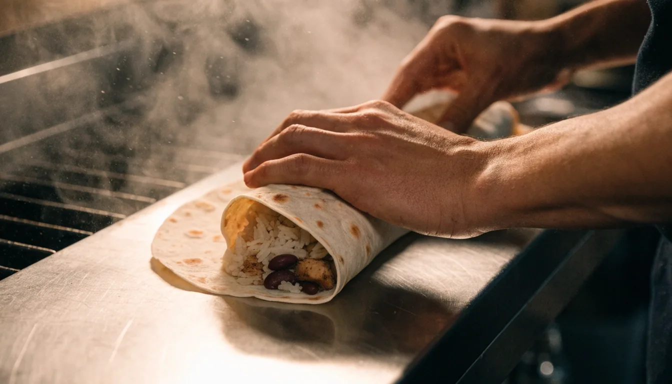 Cook rolling a Costa Vida burrito on the grill line
