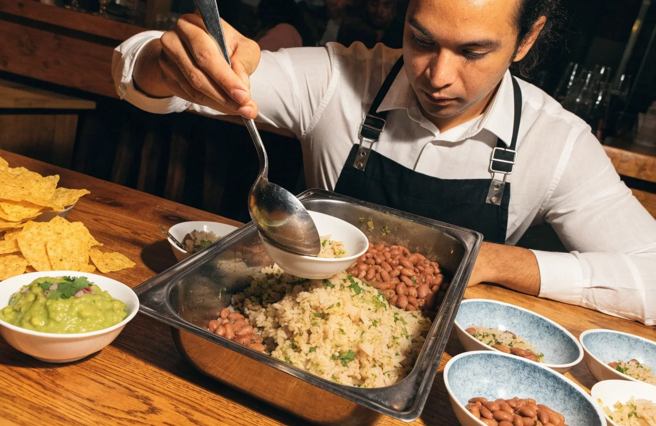 Rice, beans, chips and guacamole sides on a counter
