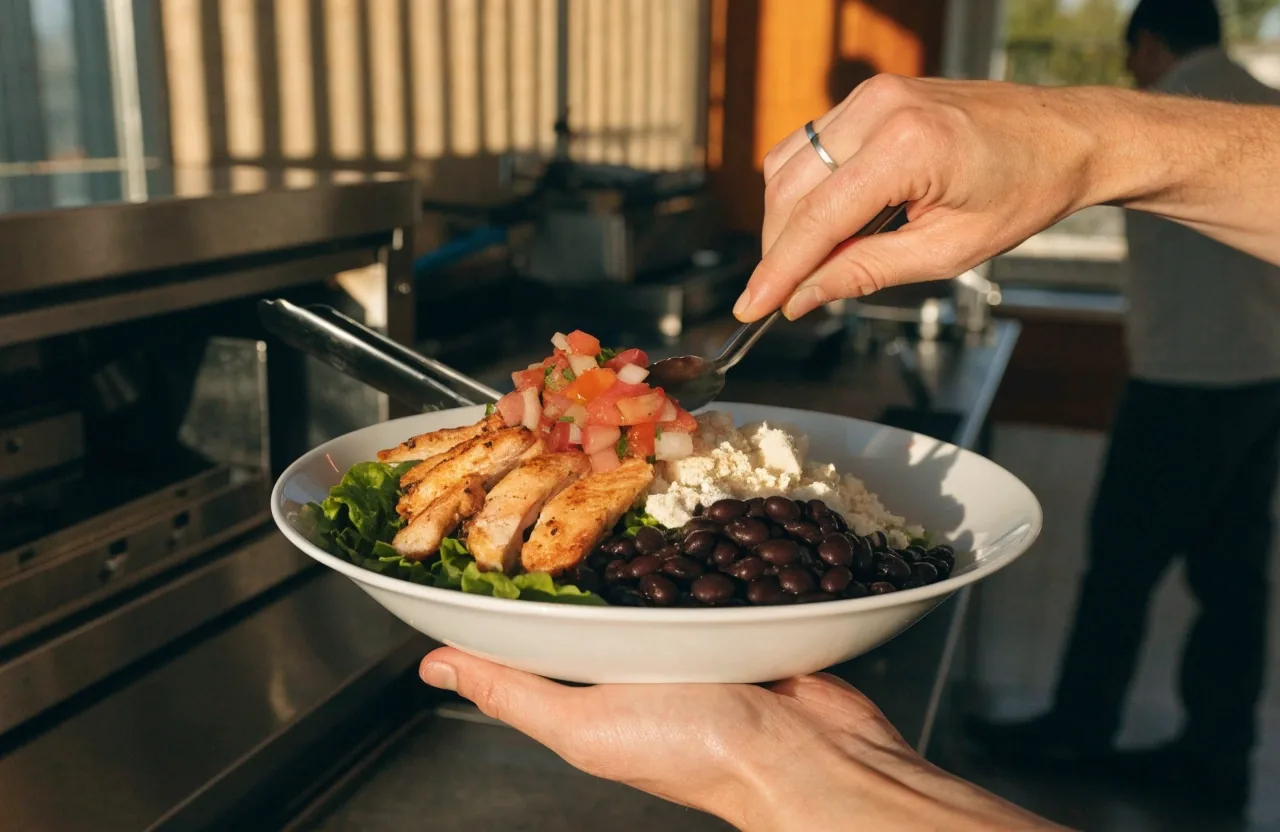 Salad bowl with grilled chicken, beans and fresh salsa